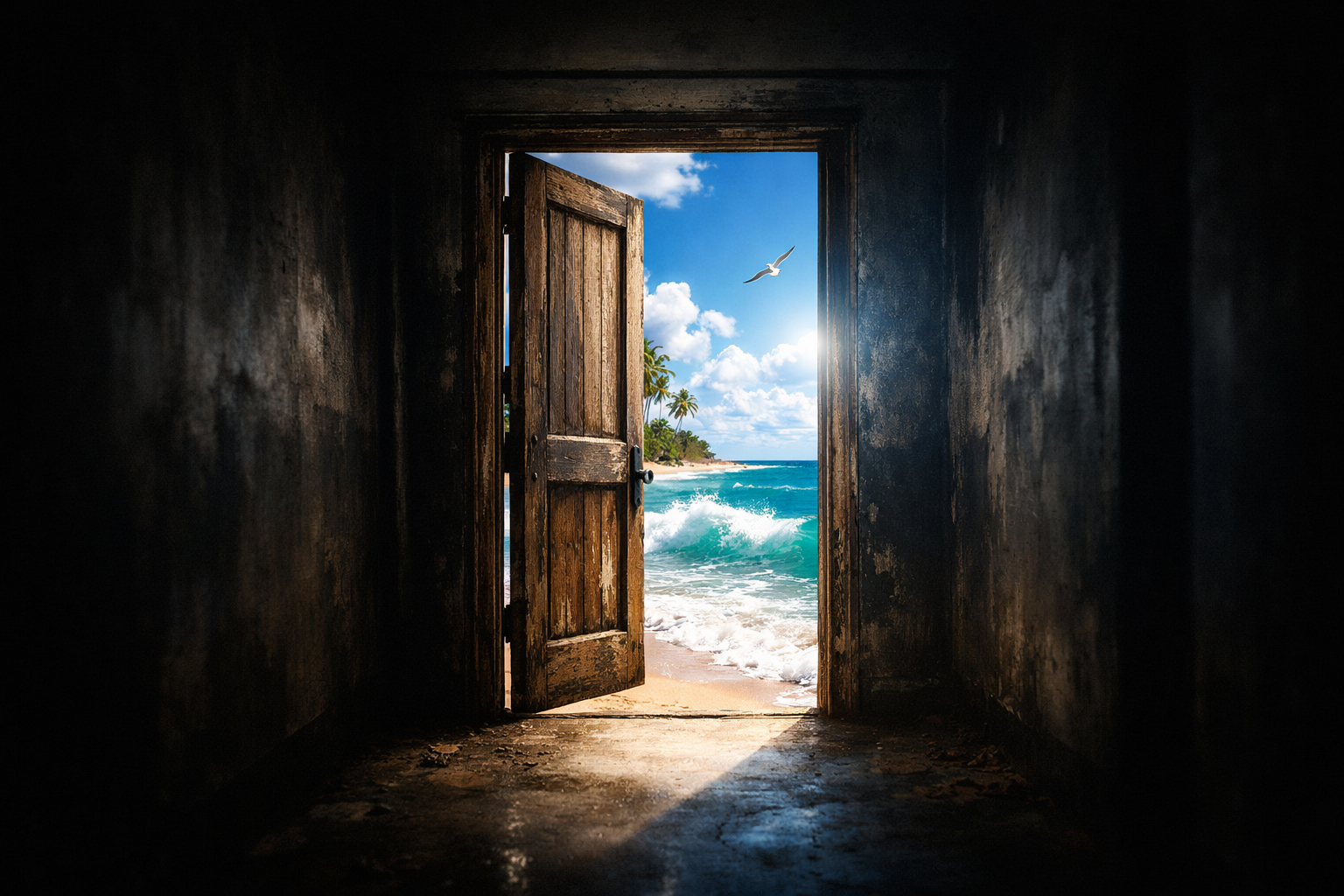 A surreal but photorealistic shot of a solitary, weathered wooden door frame standing open in the middle of a dark, narrow hallway. Through the open door, we see a vibrant, expansive view of a Florida coastline with crashing waves and bright blue sky.