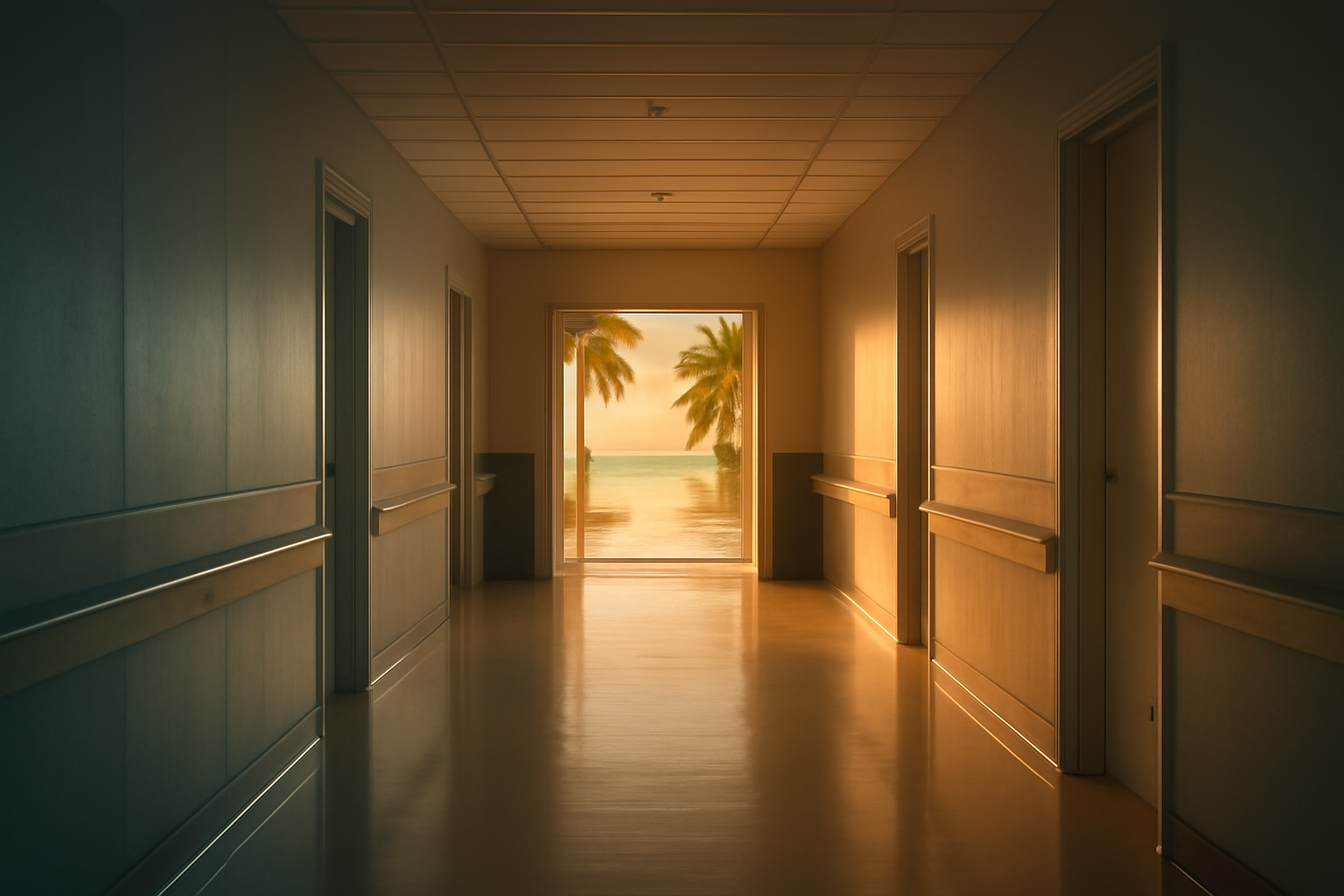 A hallway transitioning from cool blue tones to warm golden light, symbolizing hope and new beginnings in recovery.