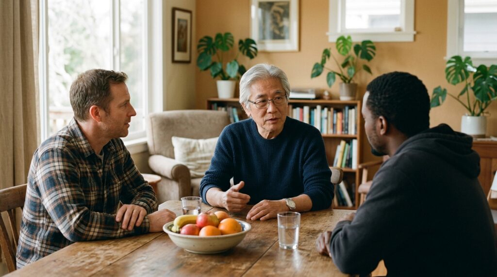 Adult men in recovery having a grounded peer conversation in a warm residential setting, led by an older Asian man