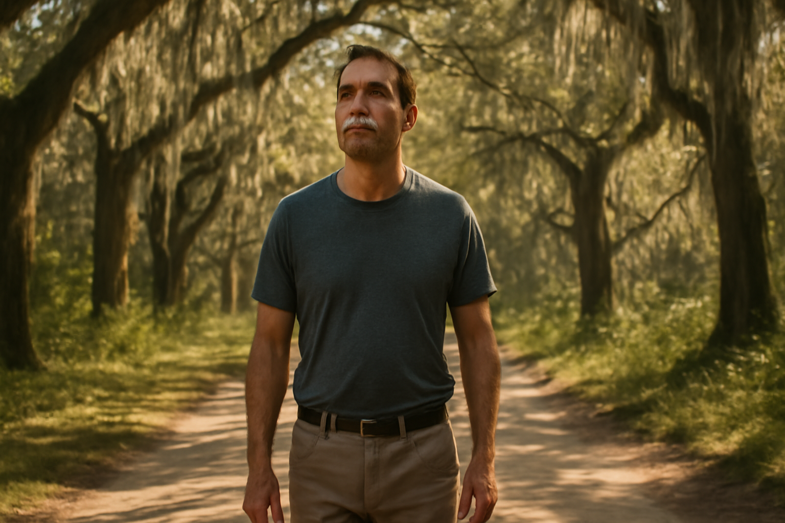 Adult man walking a sunlit tree-lined path, steady and forward-focused, in a grounded moment of recovery.