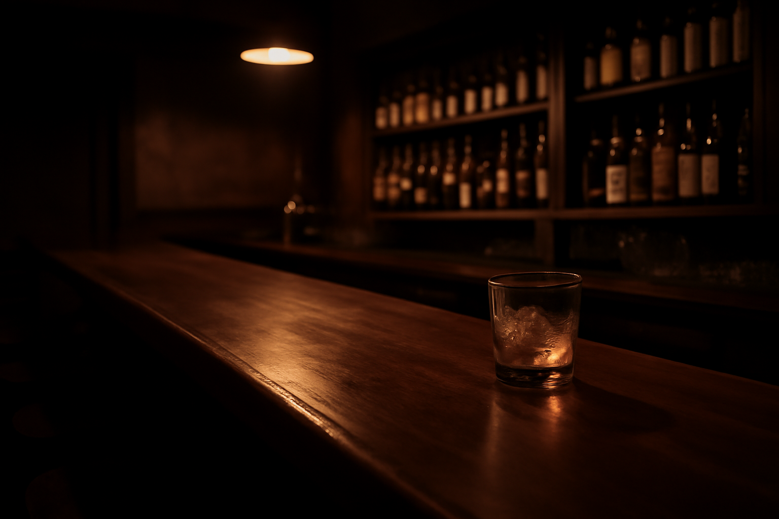 Empty bar after closing time with a single glass on the counter under warm amber lighting