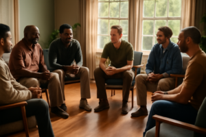 A diverse group of men sit in a circle of armchairs sharing a quiet moment during group therapy at a recovery clinic.